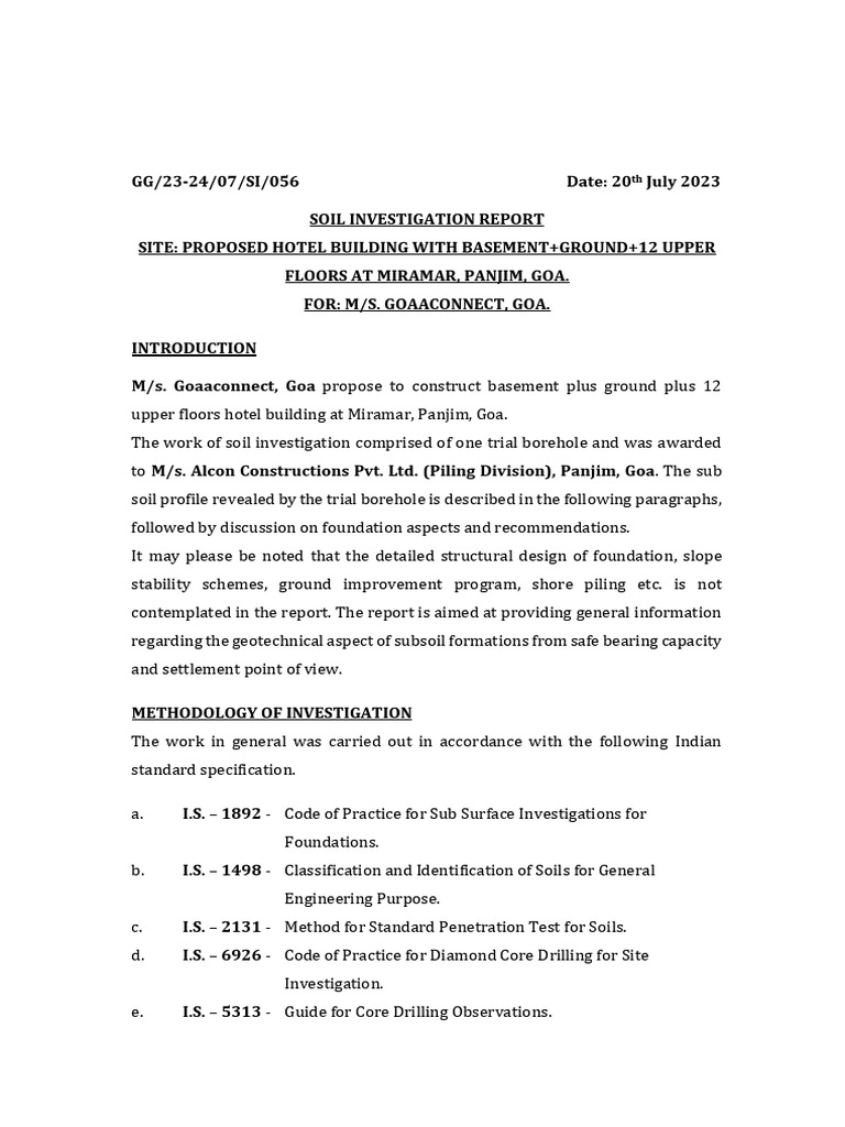 Soil Investigation Report for Hotel in Goa | PDF | Foundation ...