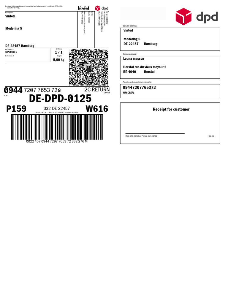 DPD Delivery Receipt and Return Info | PDF