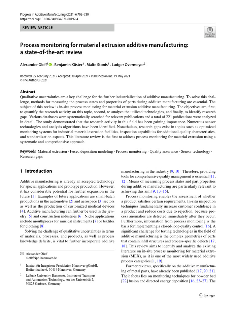 Process Monitoring For Material Extrusion Additive Manufacturing: A ...