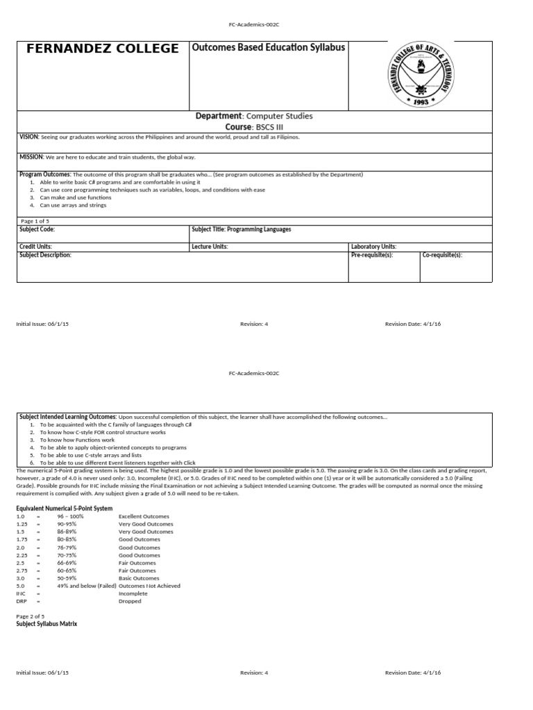 C# Programming Syllabus for BSCS III | PDF | Educational Assessment ...