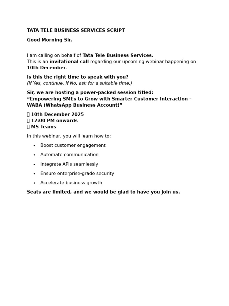 Tata Tele Business Services Script | PDF