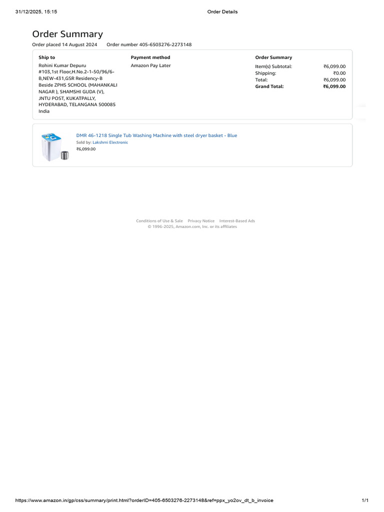 Amazon Order Summary for Washing Machine | PDF