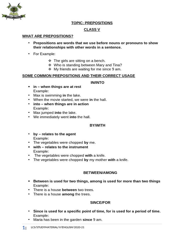 Understanding Prepositions for Class V | PDF | English Language ...