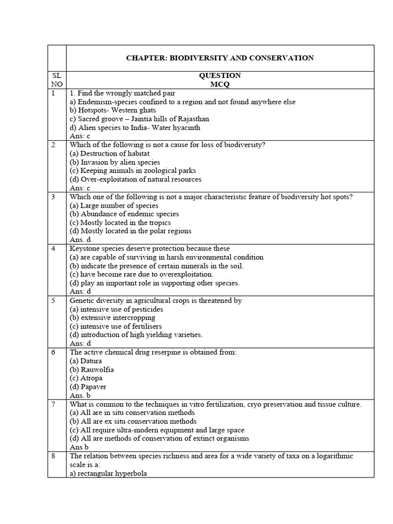 Biodiversity and Conservation Question Bank Online Training | PDF ...