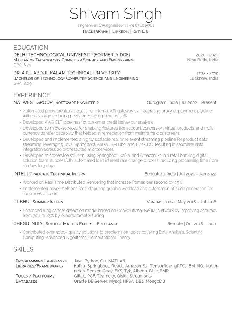 Shivam Singh: Software Engineer Profile | PDF | Ibm Db2 | Computing