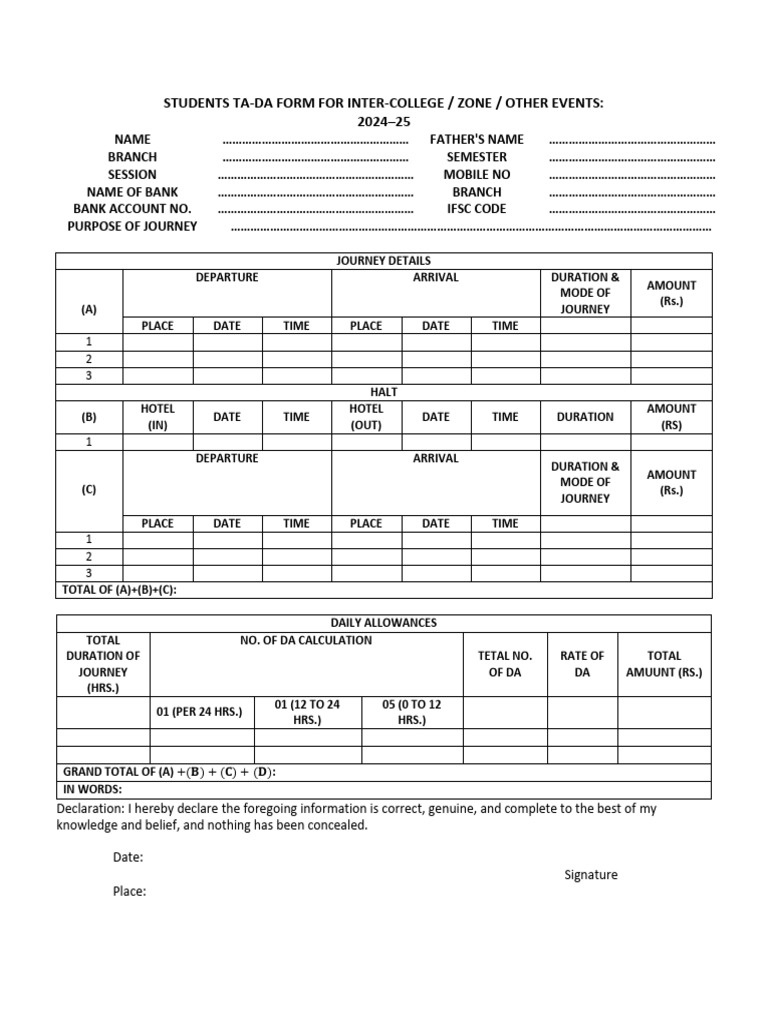Inter-College Event TA-DA Form 2024-25 | PDF