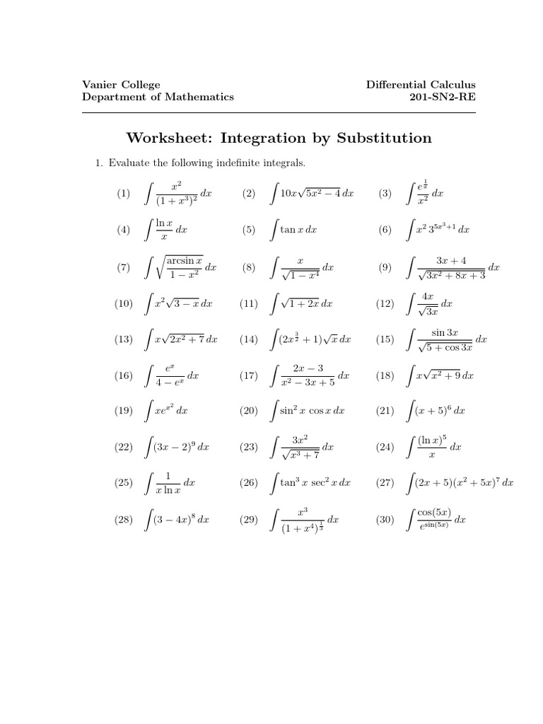 Integration by Substitution Worksheet | PDF | Calculus | Mathematical ...