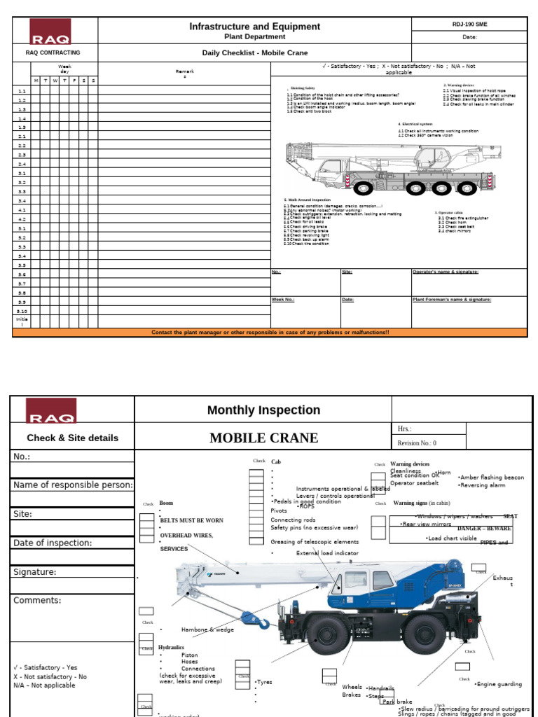 Mobile Crane Daily Inspection Checklist | PDF | Crane (Machine) | Vehicles