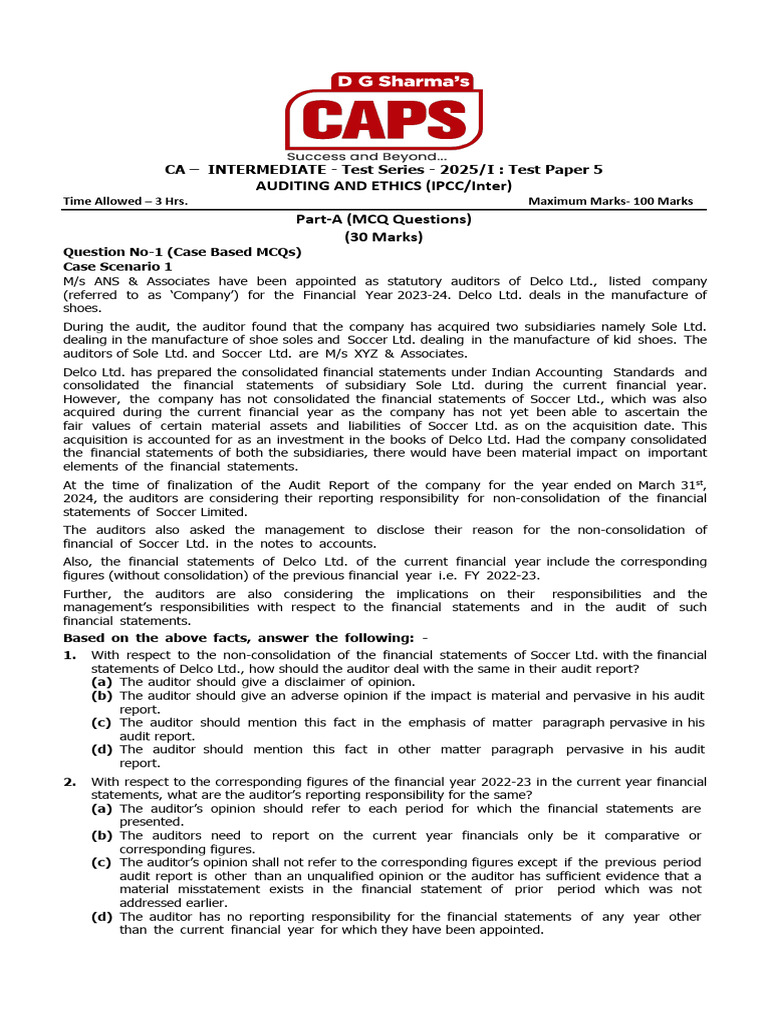 CA Intermediate Auditing Ethics Test 2025 | PDF | Auditor's Report | Audit