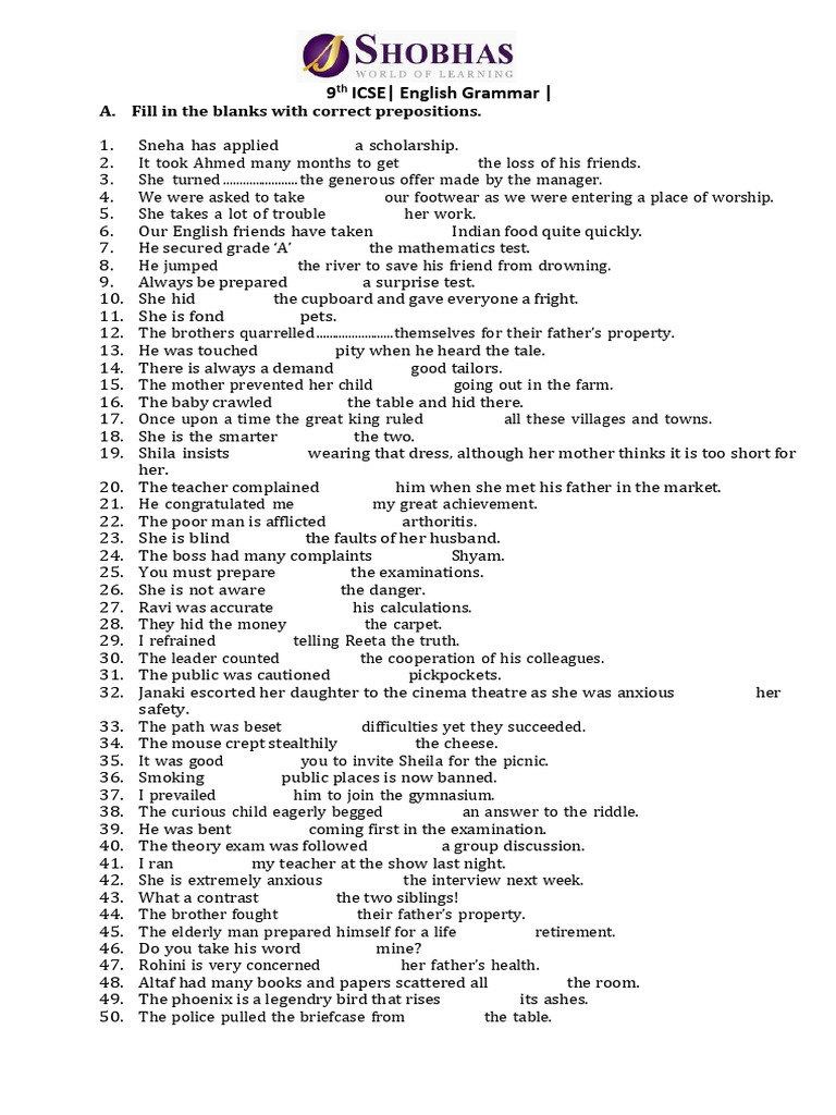 English Grammar Exercises for 9th ICSE | PDF