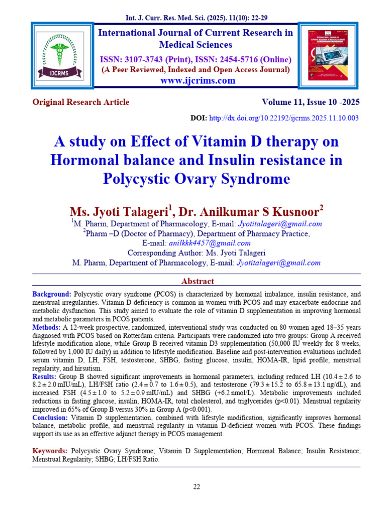 A Study on Effect of Vitamin D Therapy on Hormonal Balance and Insulin ...