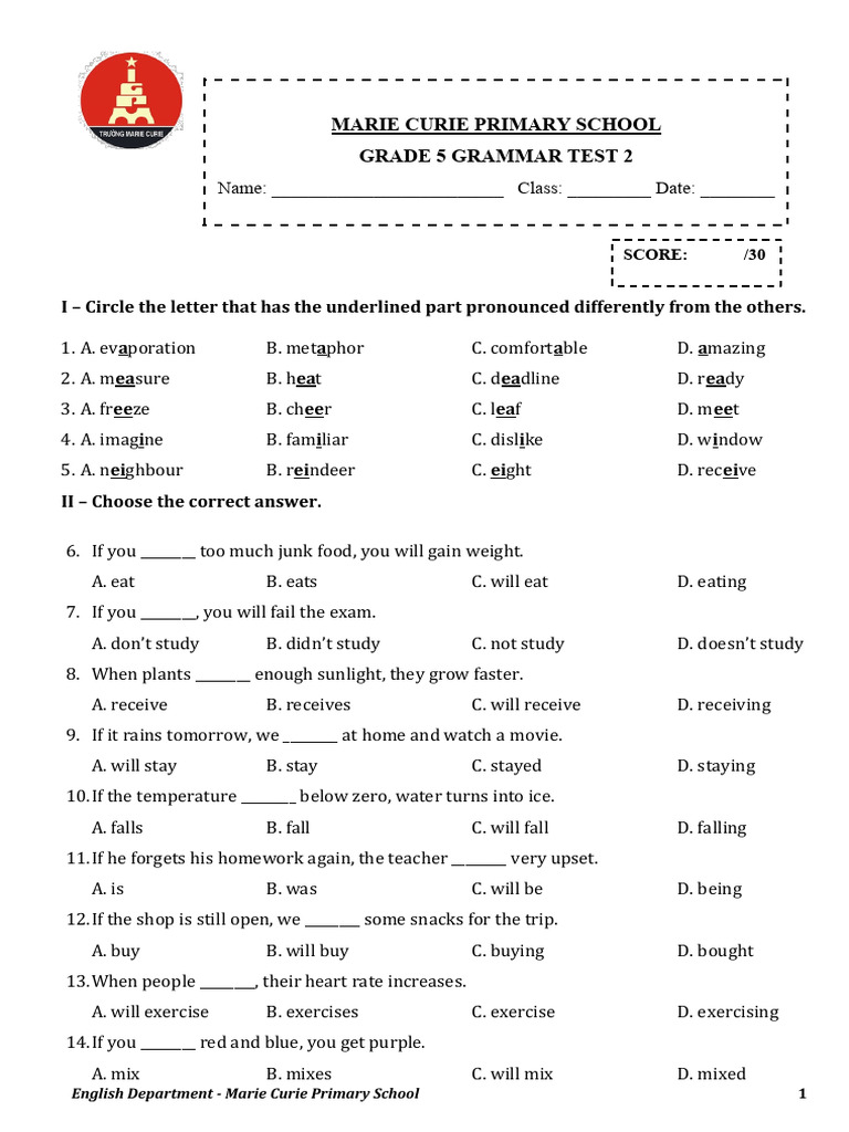 Grade 5 Grammar Test - Marie Curie School | PDF | Renewable Energy ...