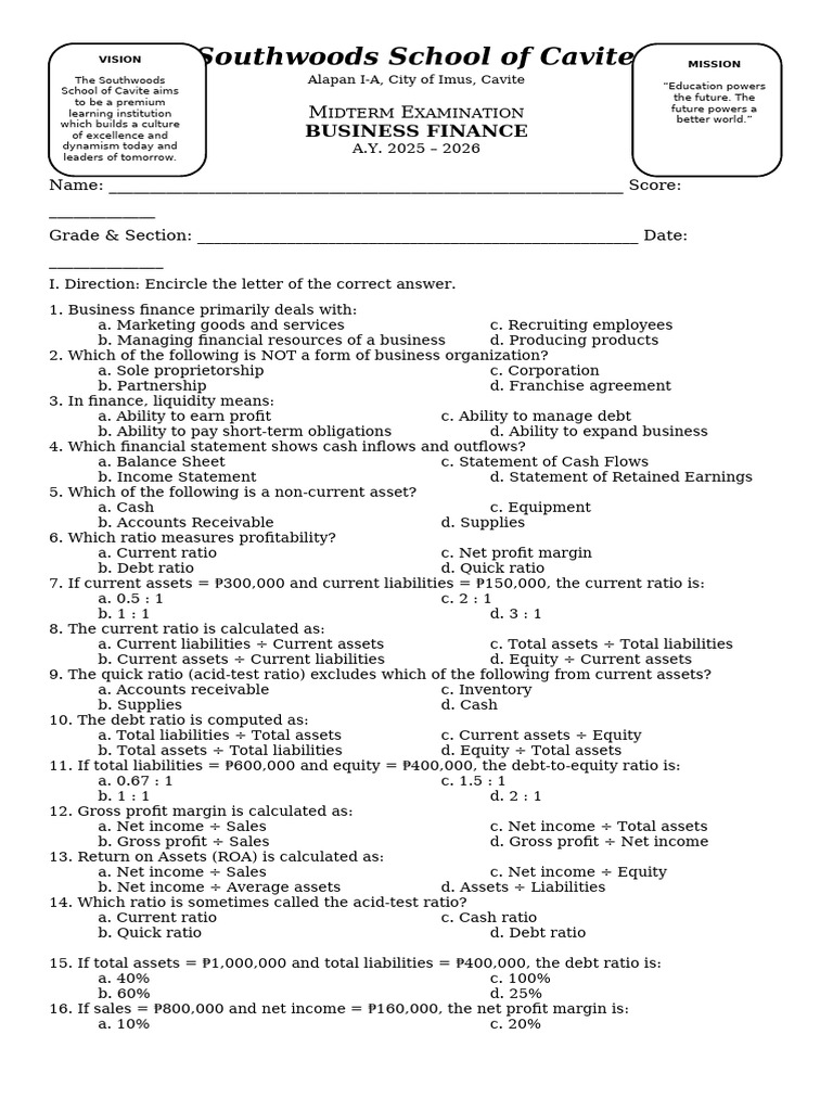Business Finance Midterm Exam 2025-2026 | PDF | Equity (Finance ...