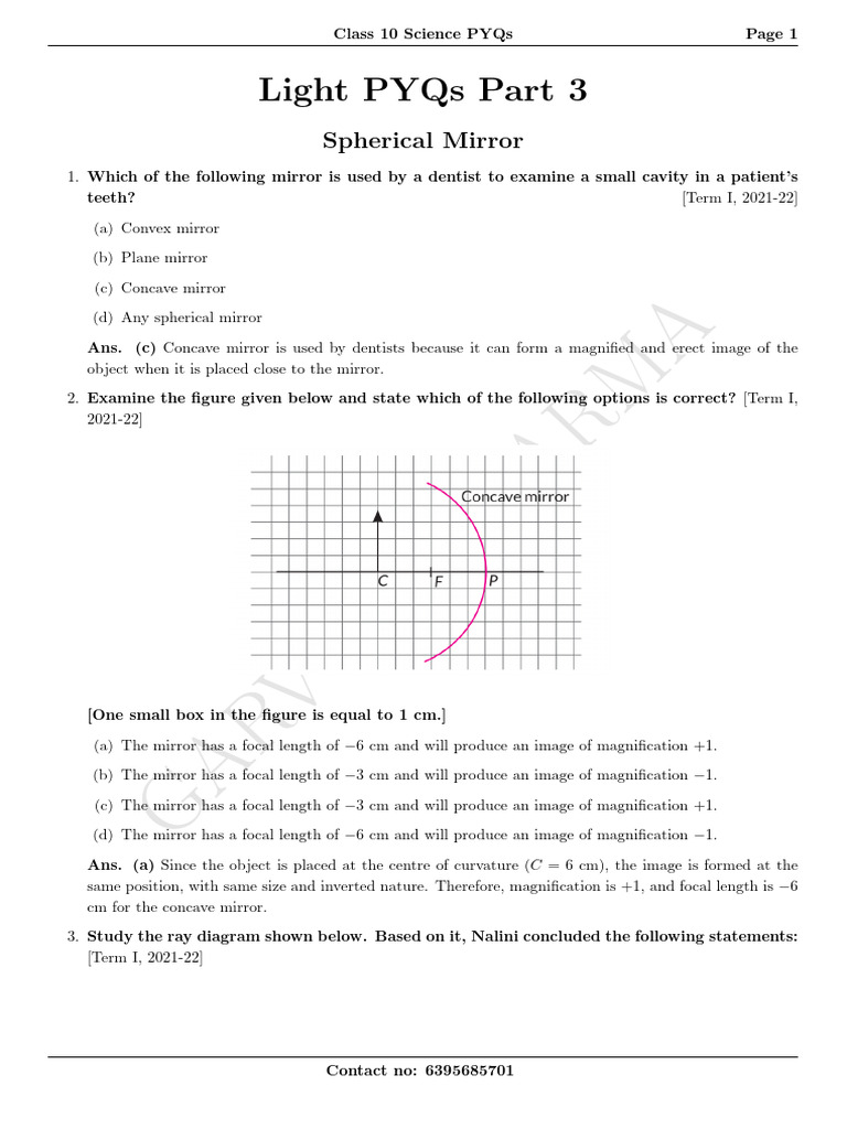 Class 10 Science Light PYQs Guide | PDF | Mirror | Light