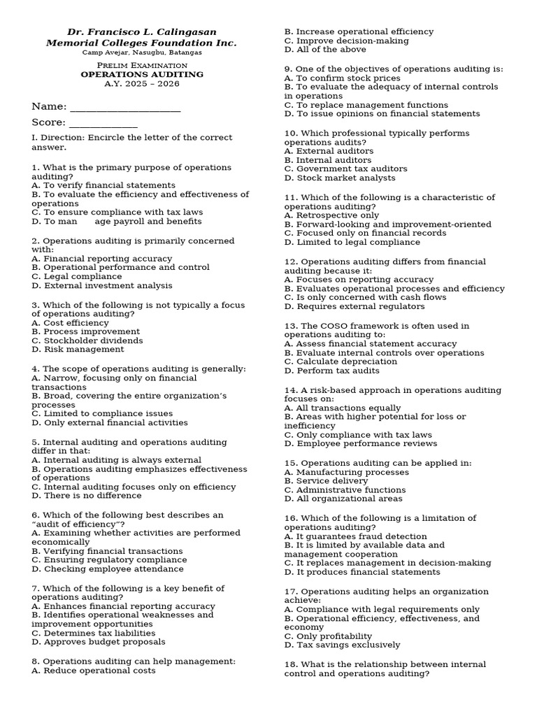 Operations Auditing Prelim Exam 2025-2026 | PDF | Audit | Internal Control