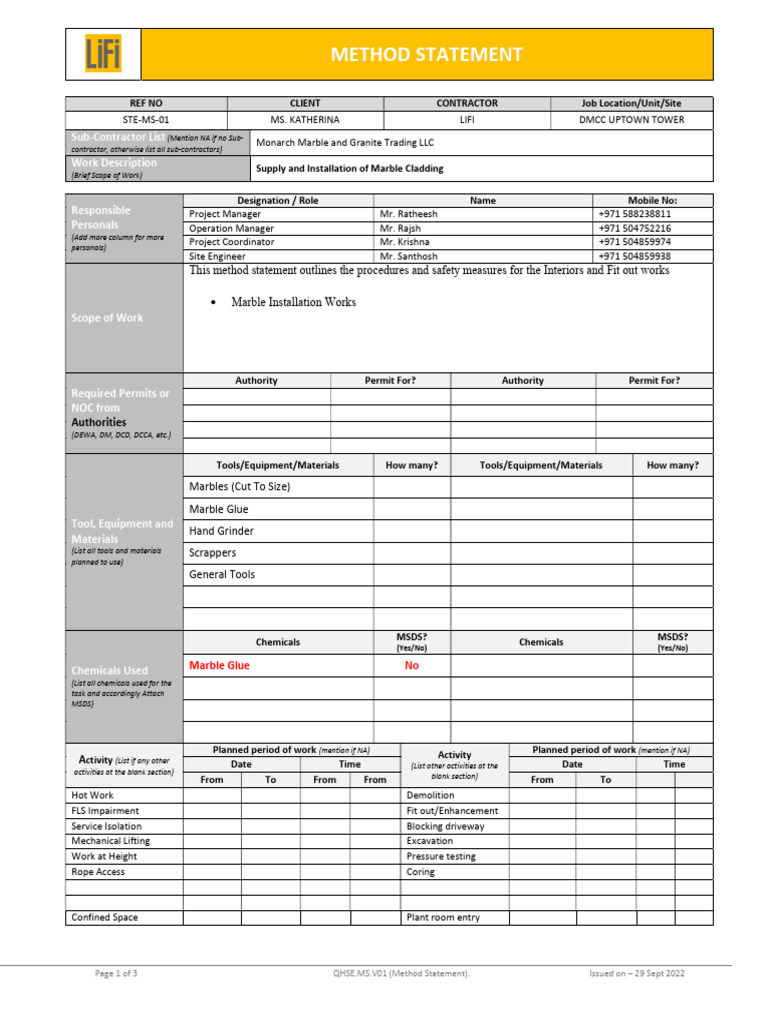 Marble Cladding Installation Method Statement | PDF | Adhesive | Tile