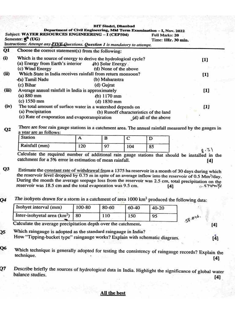 BIT Sindri Civil Engineering Midterm Exam | PDF | Rain | Environmental ...