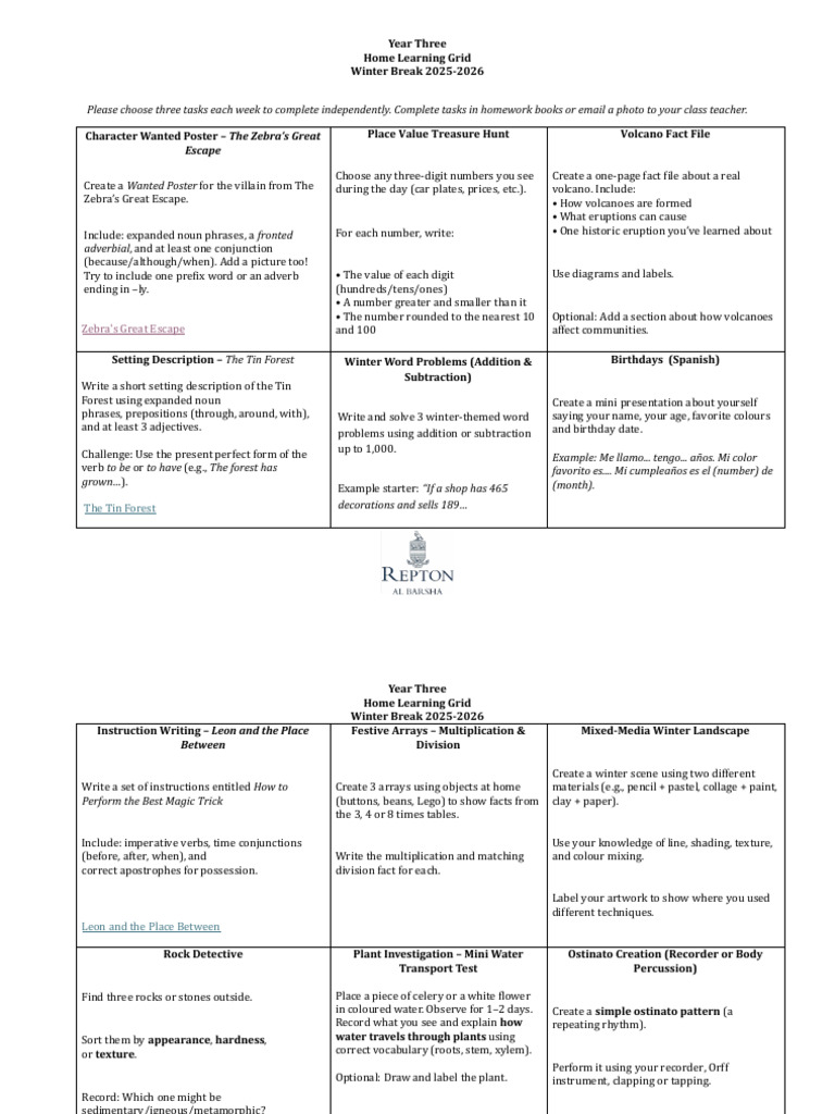Y3 Home Learning Grid Winter Break | PDF | Adverb | Linguistics