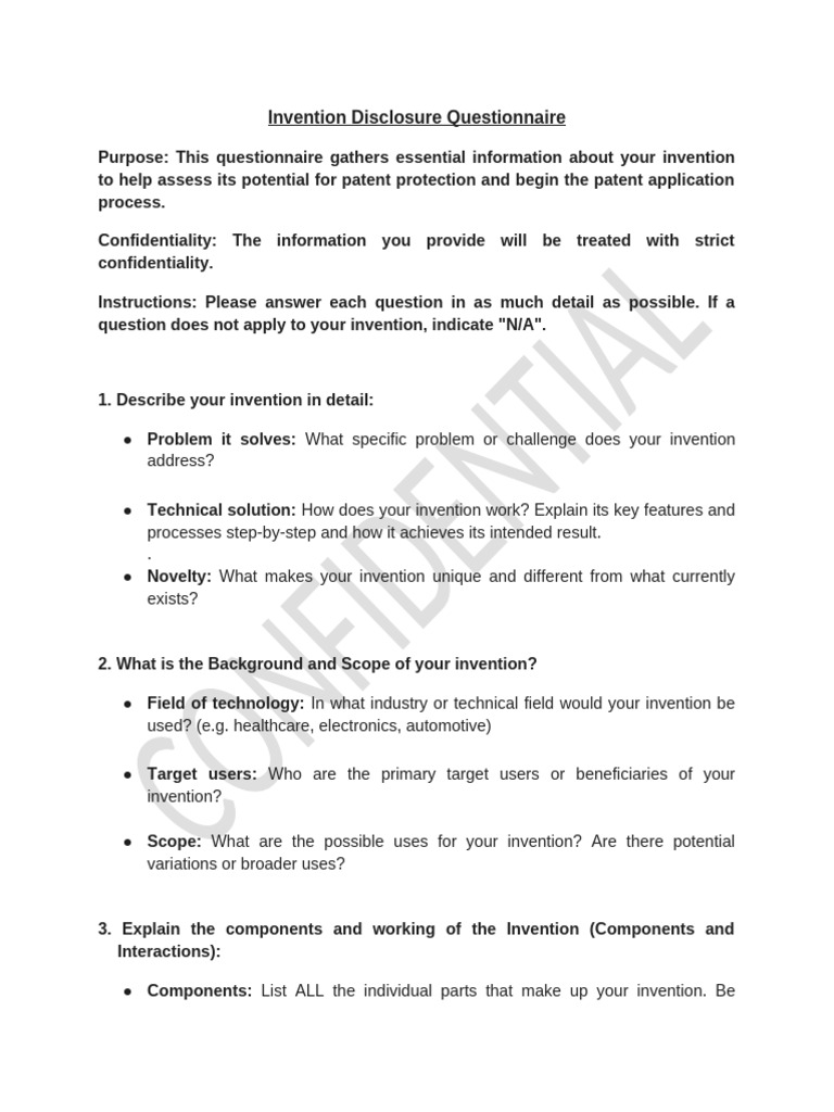 Invention Disclosure Questionnaire Guide | PDF | Invention | Patent