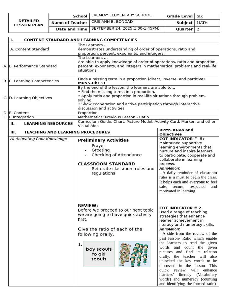 Grade 6 Math Lesson Plan on Proportions | PDF | Learning | Teachers
