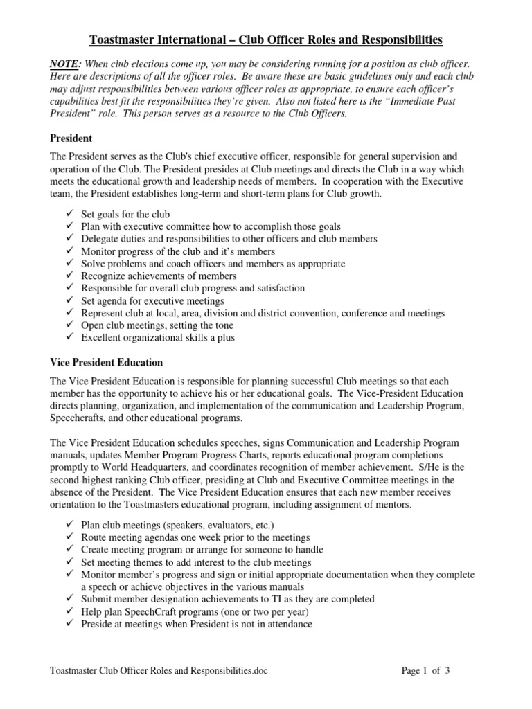 Toastmasters Club Officer Duties Explained | PDF | Leadership