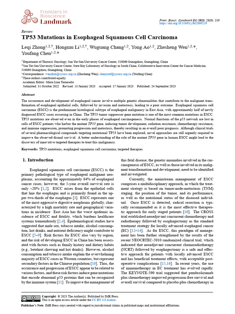 TP53 Mutations in Esophageal Squamous Cell Carcino | PDF | P53 ...