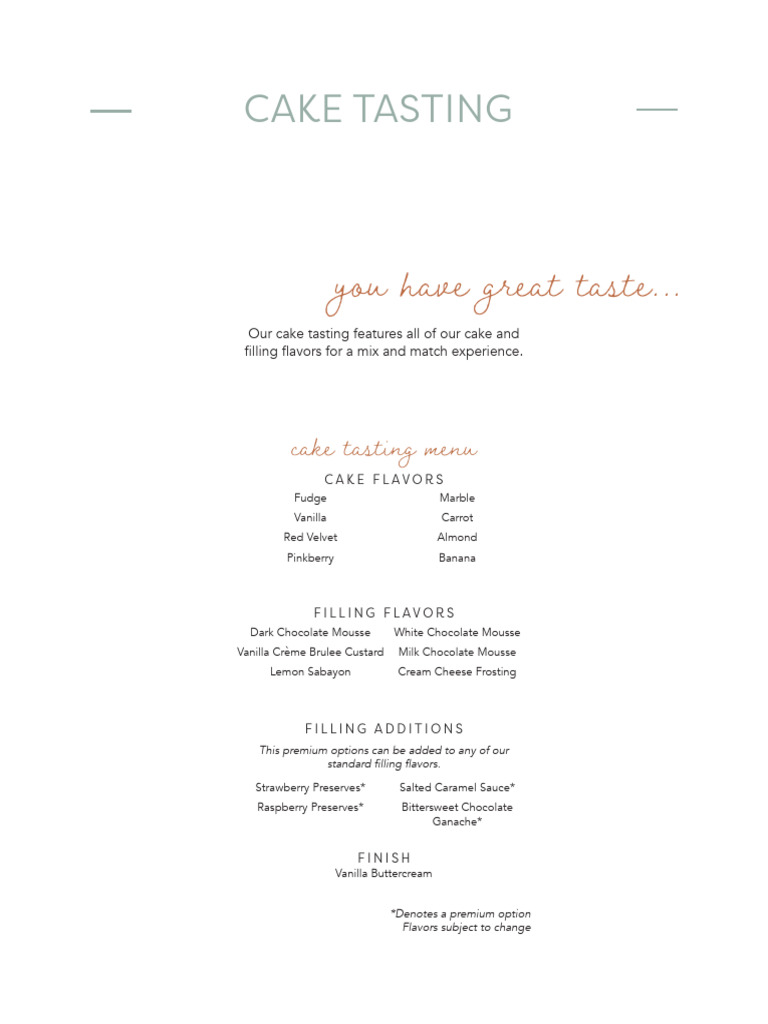 Cake Tasting Menu: Flavor Options | PDF