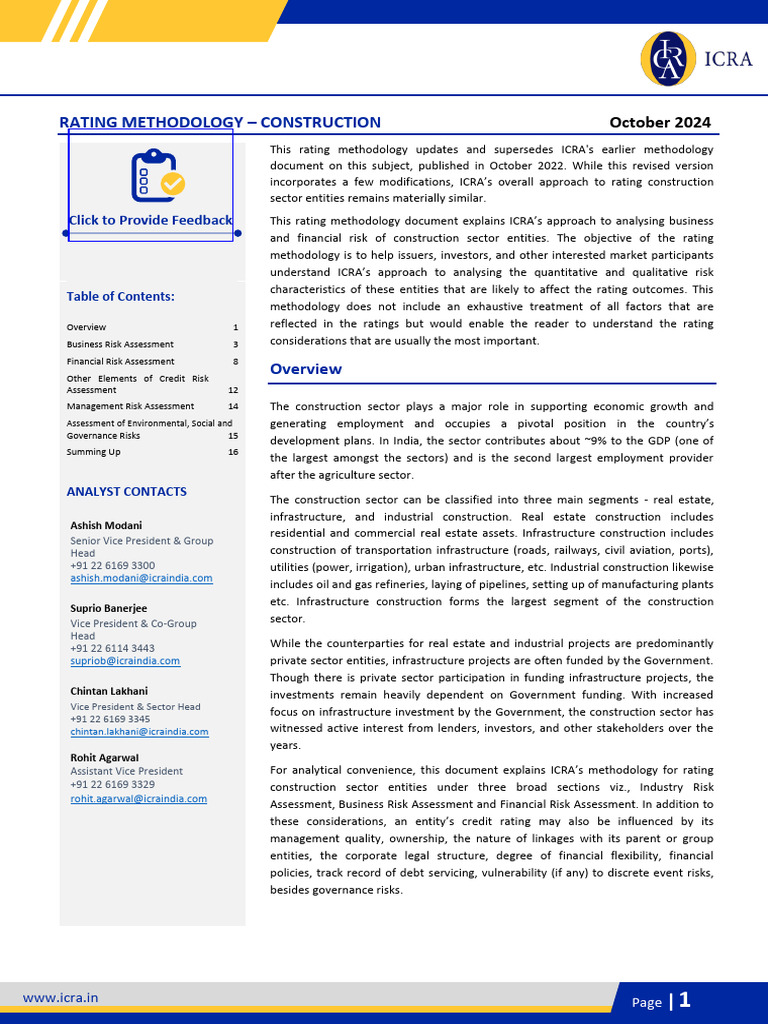ICRA Construction Rating Methodology 2024 | PDF | Debt | Risk