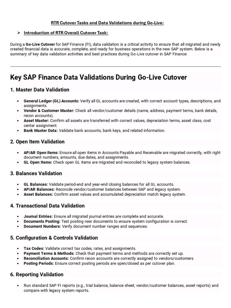 SAP Go-Live Cutover Data Validation Guide | PDF | Inventory | Valuation ...