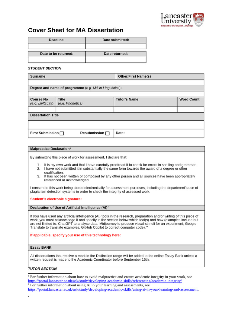 MA Dissertation Coversheet (New Formatting) | PDF | Thesis | Artificial ...