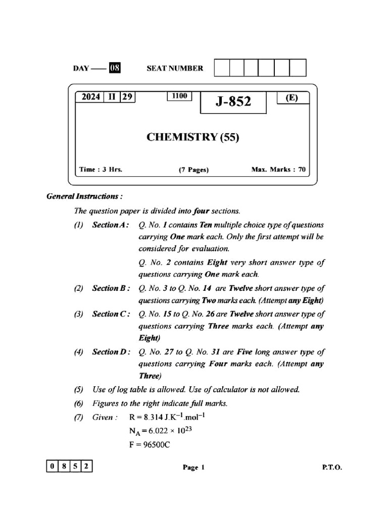 Chemistry Exam Question Paper 2024 | PDF | Chemical Reactions | Acid ...