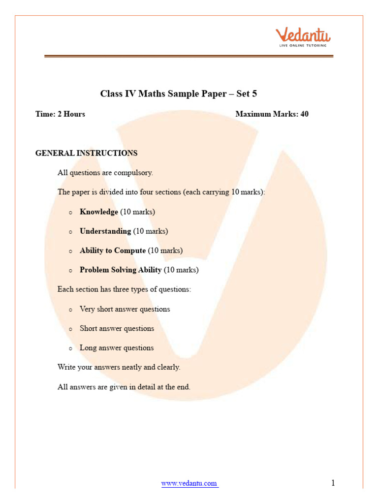 Class IV Maths Sample Paper Set 5 | PDF | Length | Rectangle