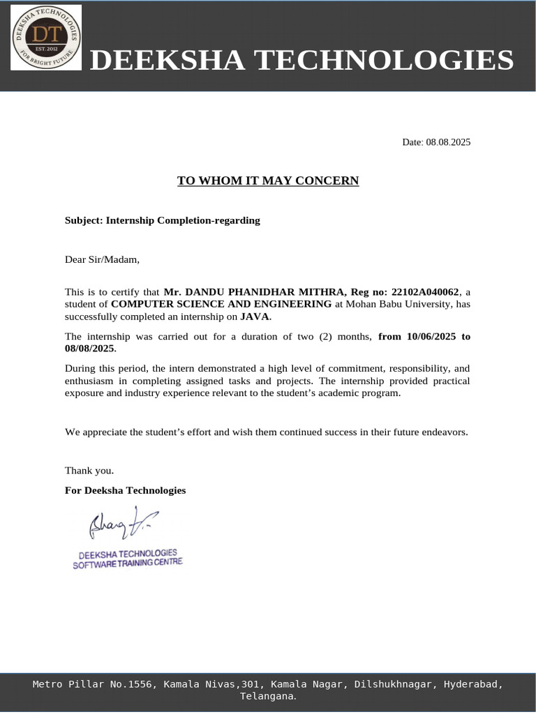 Internship Completion Certificate - JAVA | PDF