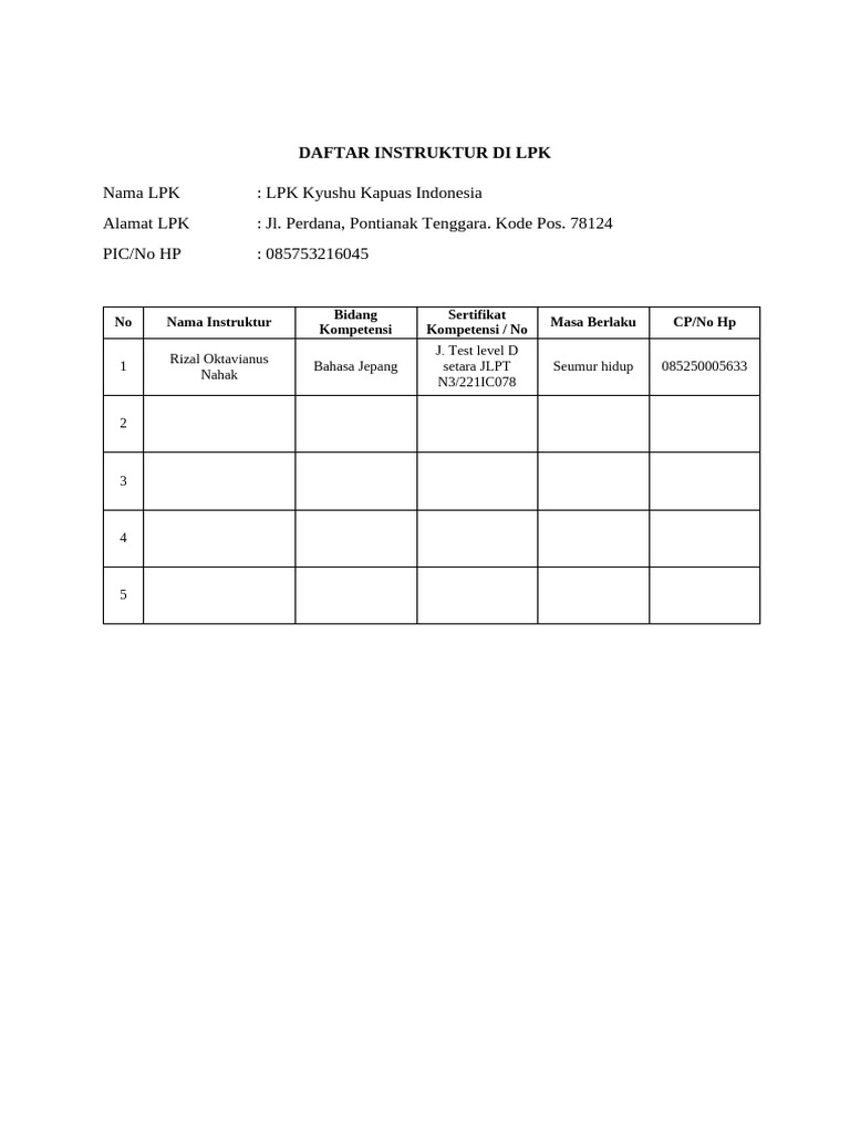 Form Data Instruktur Di LPK | PDF