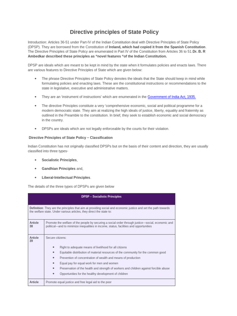 Directive Principles of State Policy Explained | PDF | Government ...
