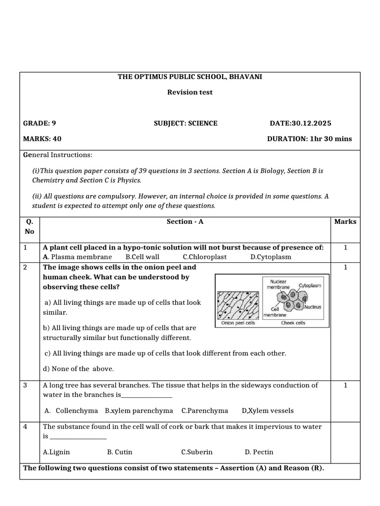 Grade 9 Science Revision Test Paper | PDF | Tissue (Biology) | Epithelium