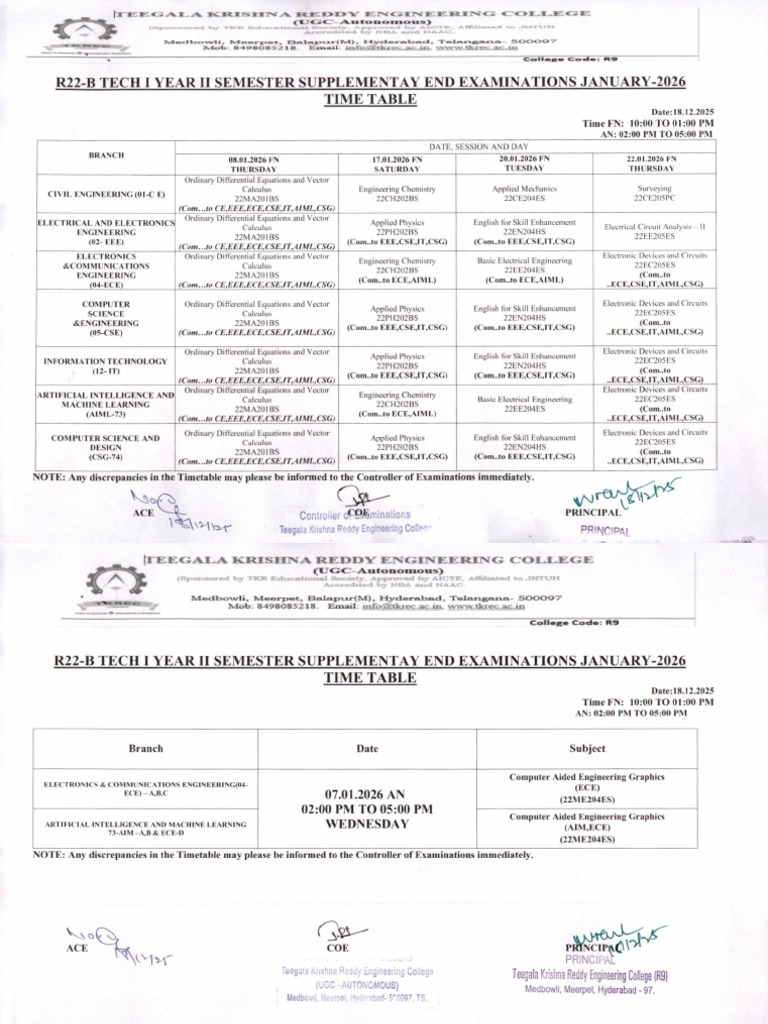 r22 Btech I Year II Sem Supplymentary End Exam Time Table - Jan-2026 | PDF