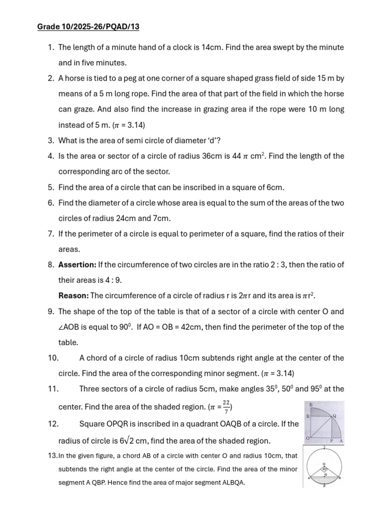 Grade 10 Areas Related to Circles PQAD 13 | PDF