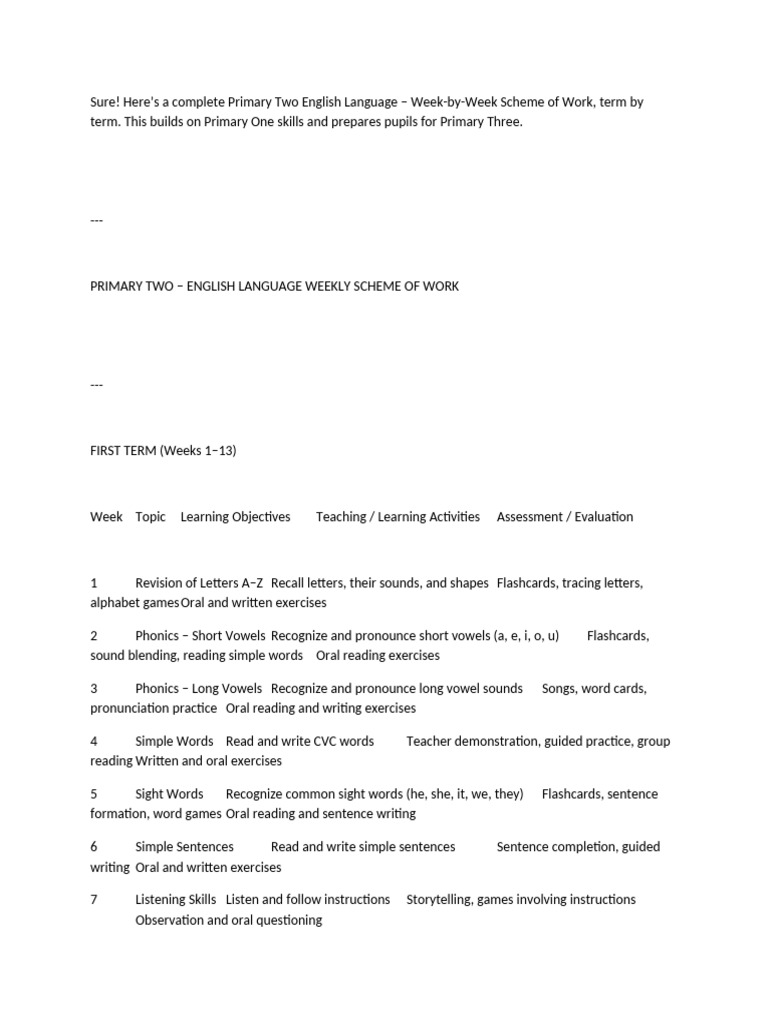 Primary Two English Weekly Plan | PDF | Phonics | Reading Comprehension