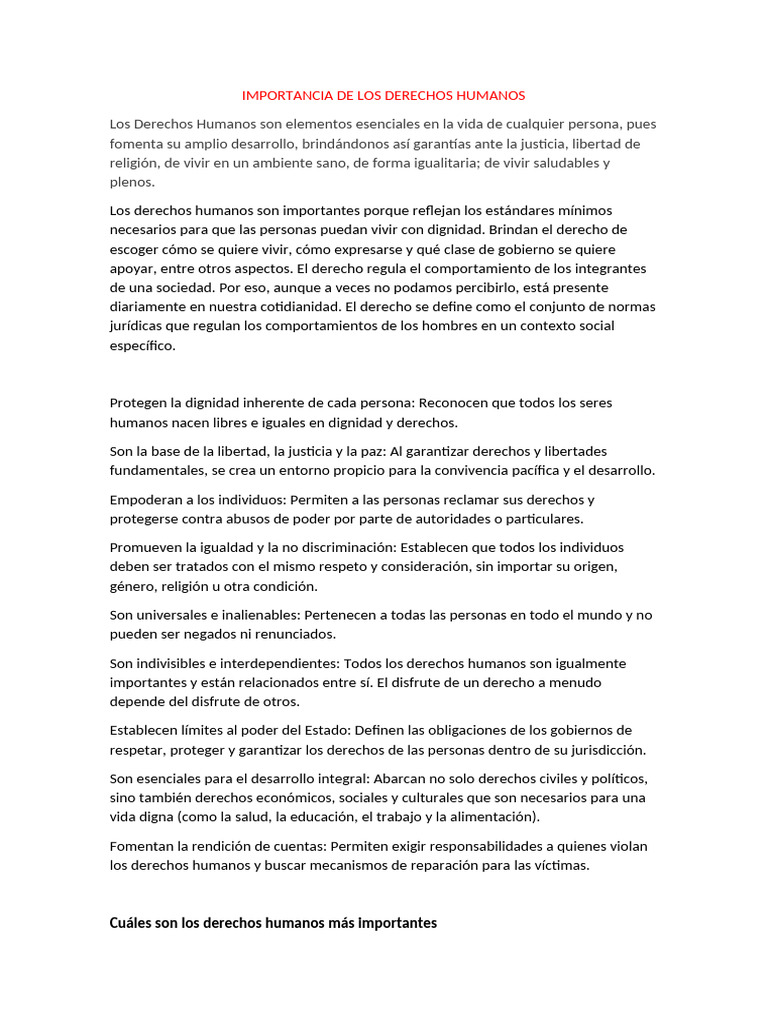 Importancia de los Derechos Humanos | PDF | Derechos humanos | Igualdad ...