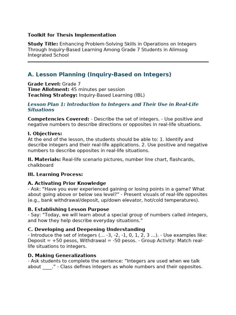 Inquiry-Based Learning for Integers | PDF | Multiplication | Numbers