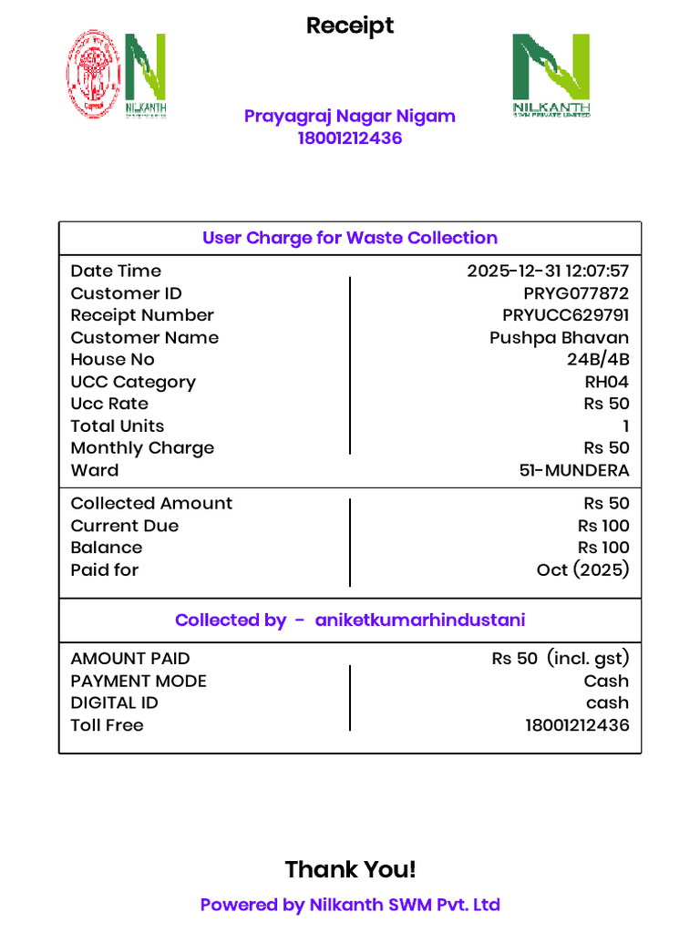 Waste Collection Receipt - Prayagraj | PDF