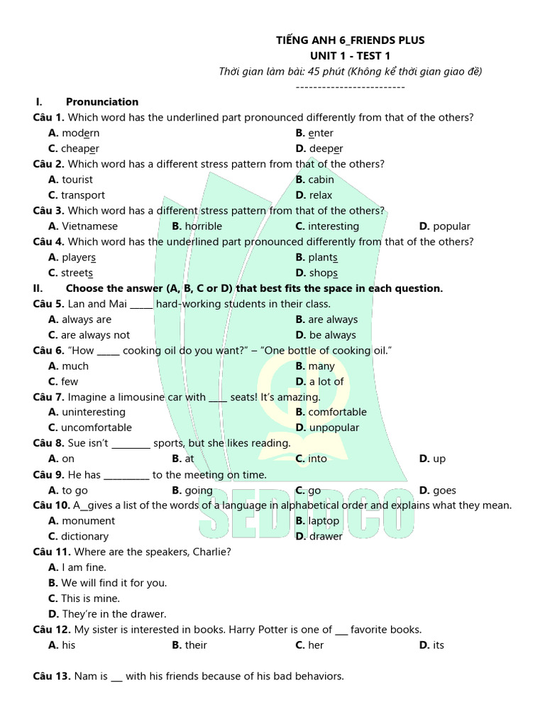 Tieng Anh 6 Friends Plus - Unit 1 - Test 1 With Key | PDF | Brazil | Ho ...