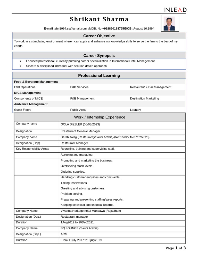 International Hotel Management Resume | PDF | Hospitality Industry