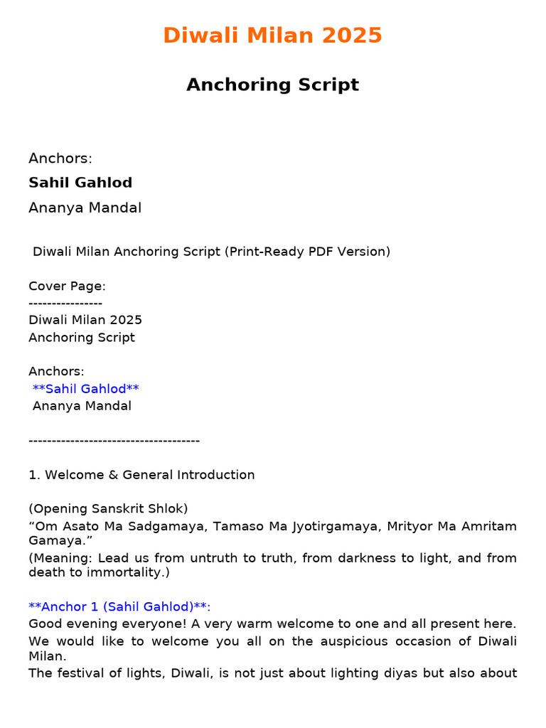 Diwali Milan 2025 Anchoring Script | PDF