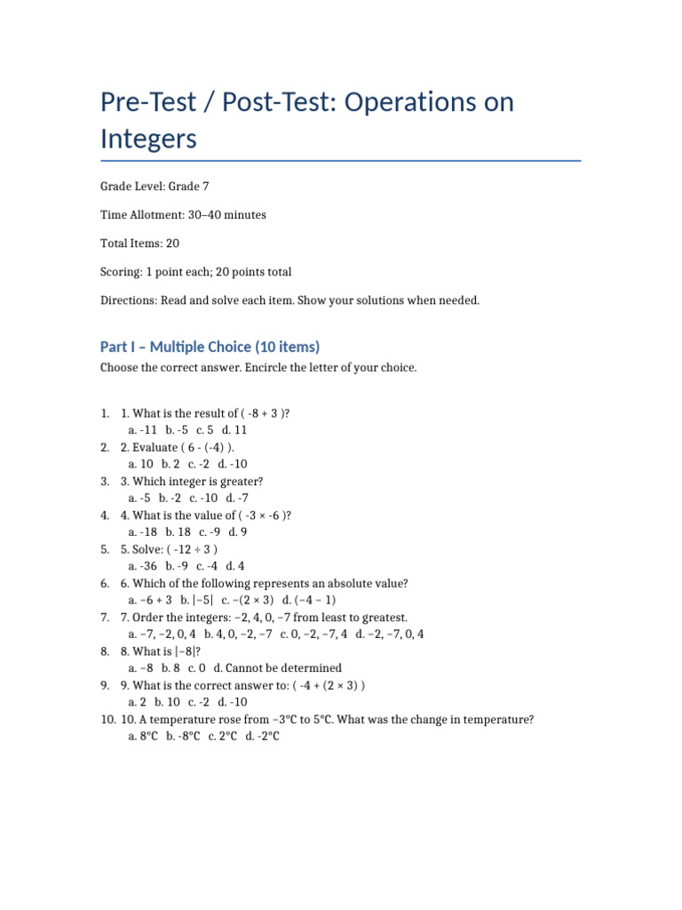 Grade 7 Integer Operations Test | PDF