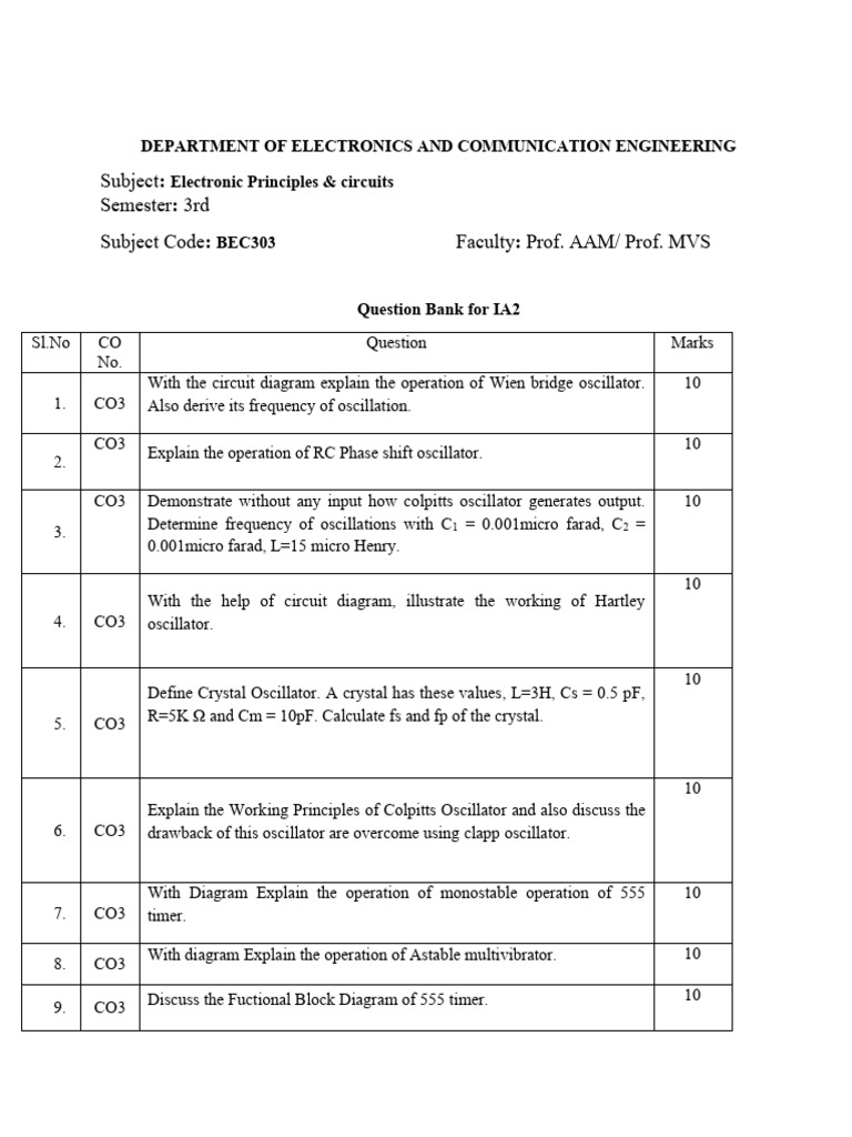 Electronic Principles & Circuits Question Bank | PDF | Electronic ...