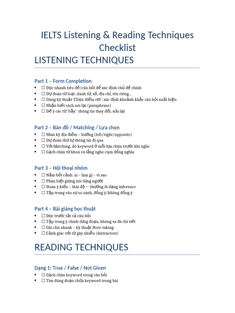 IELTS Listening Reading Techniques Checklist 2 | PDF