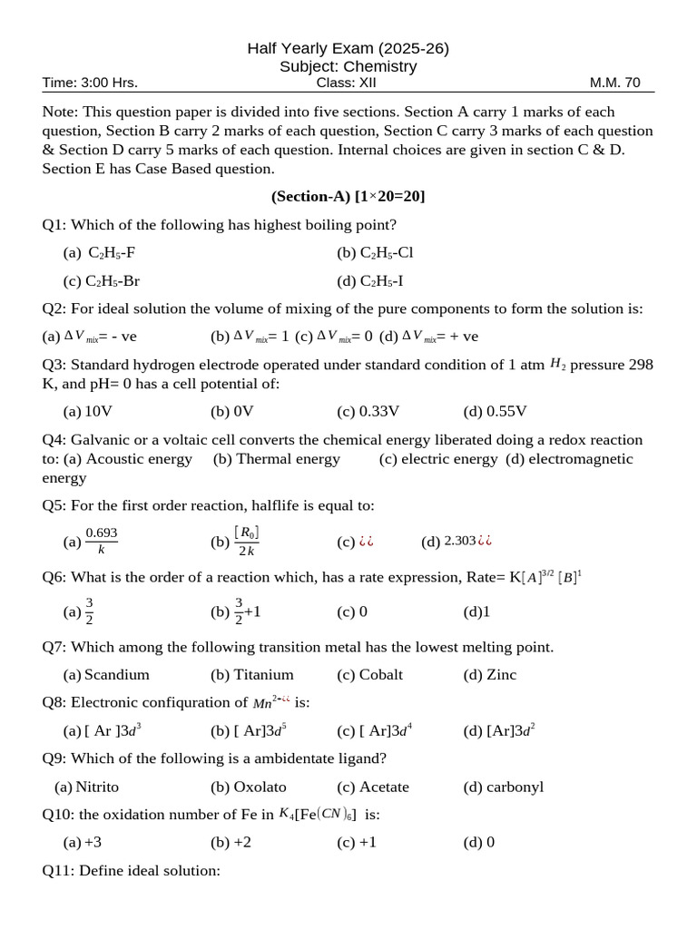 Chemistry Half Yearly Exam 2025-26 | PDF | Coordination Complex | Atoms