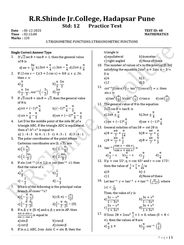 12th Grade Mathematics Practice Test | PDF | Coordinate System ...